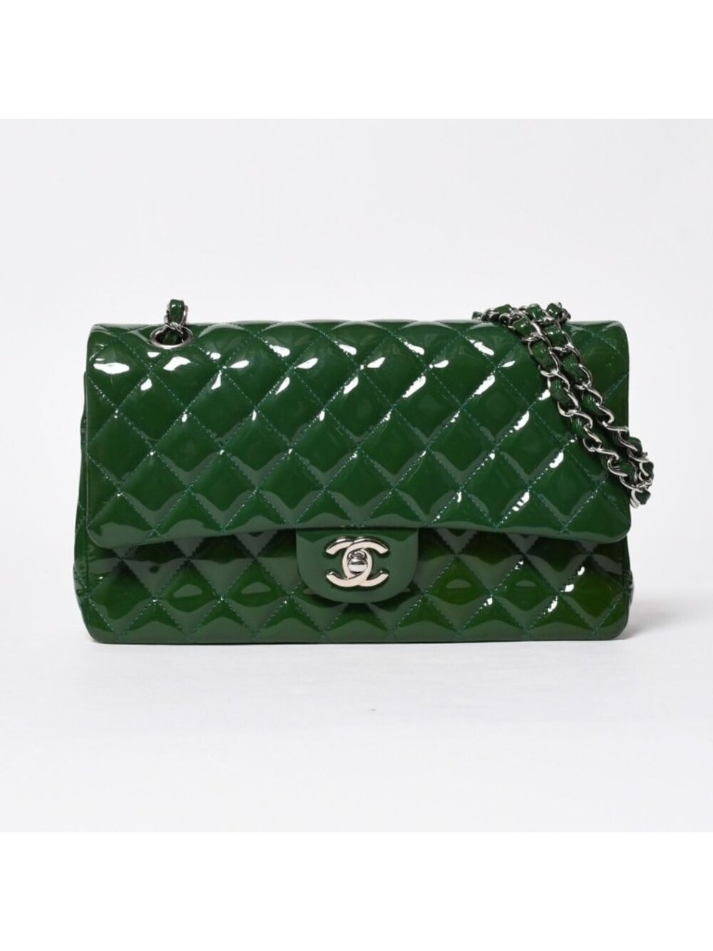 Chanel Quilted 25 Double Flap Chain Shoulder Bag Patent Green Silver